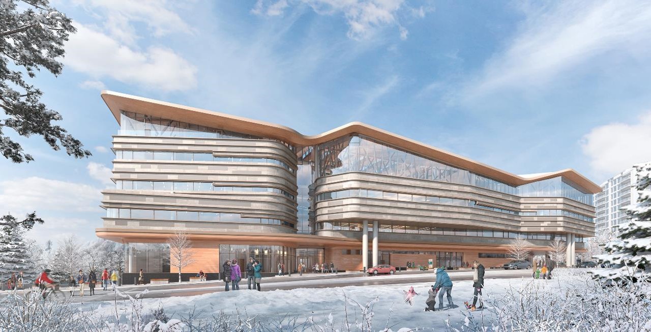 Architectural rendering of a well-lit gathering space at Ādisōke, filled with natural light from clerestory windows in the ceiling. where many people are socializing with friends, relaxing, and reading.