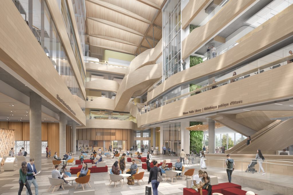 Architectural rendering of a well-lit central gathering space at Ādisōke, filled with natural light from clerestory windows in the ceiling. where many people are socializing with friends, relaxing, and reading.