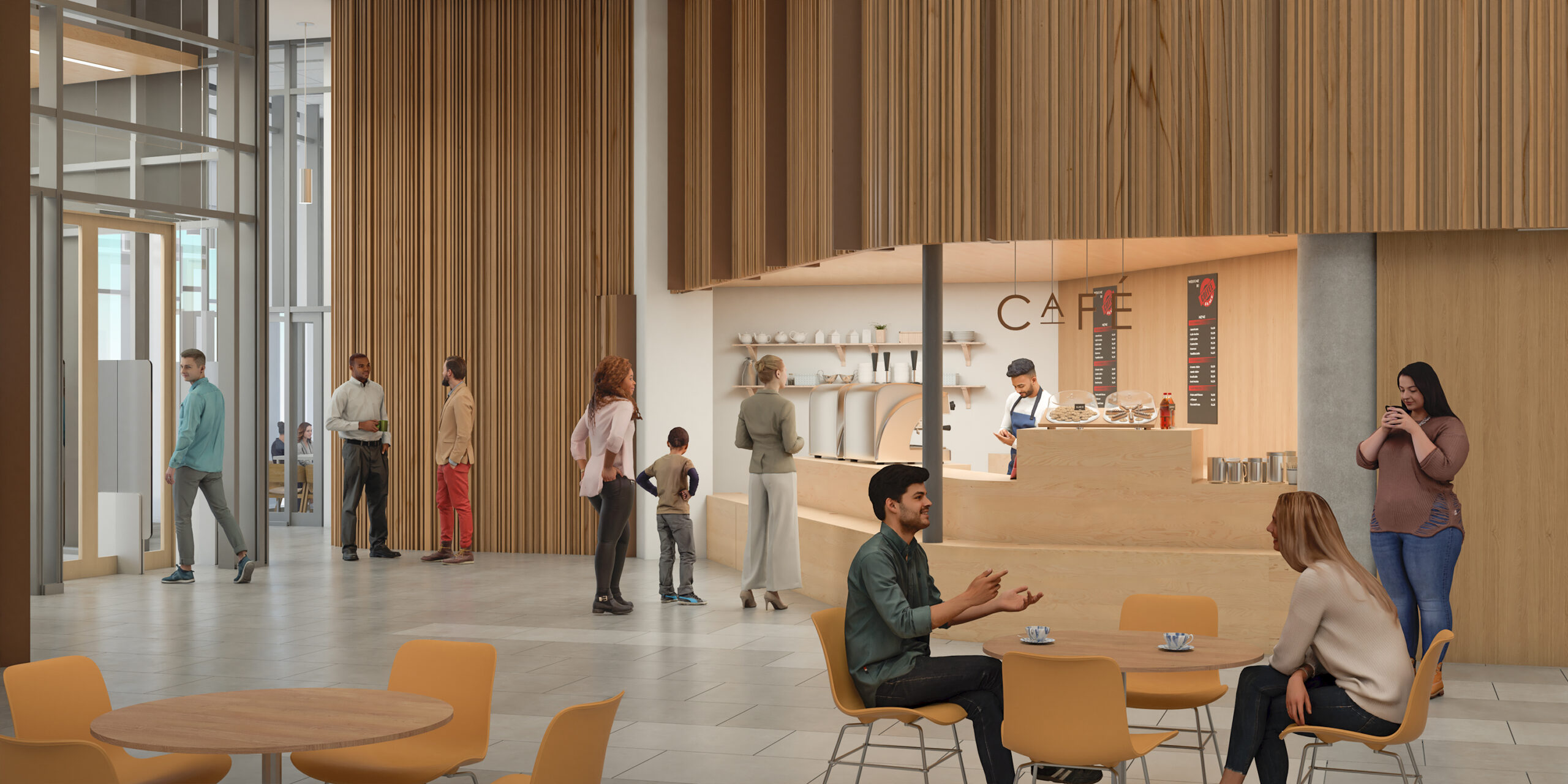 Trois personnes font la queue dans un café, deux personnes sont assises à une table et boivent dans des tasses de café en discutant. À l