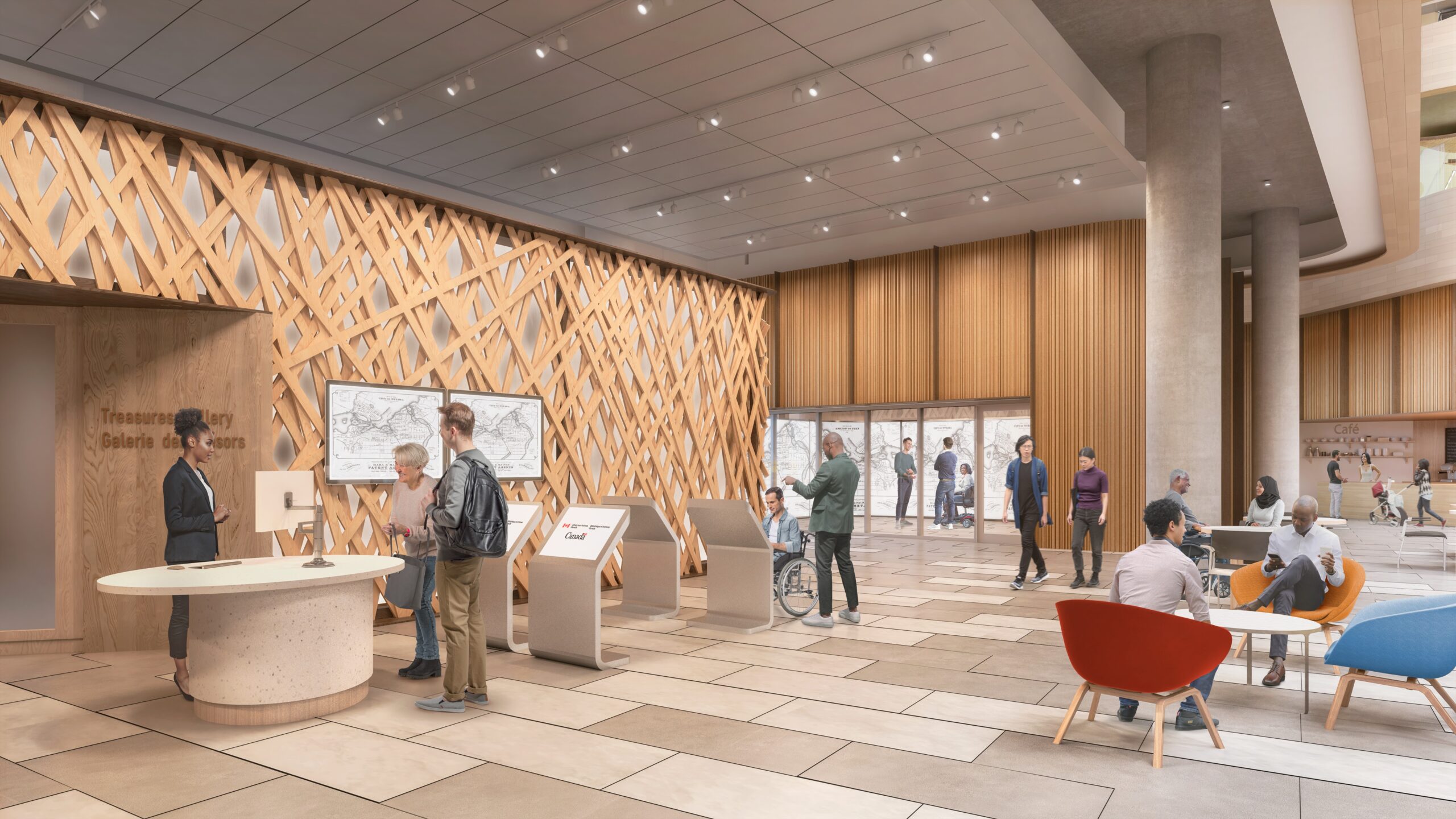 Dans un espace ouvert avec un bureau d’accueil, des tables et des chaises, des personnes discutent et une personne en chaise roulante utilise un écran numérique. En arrière-plan, on peut apercevoir une personne avec une poussette passant devant le café.