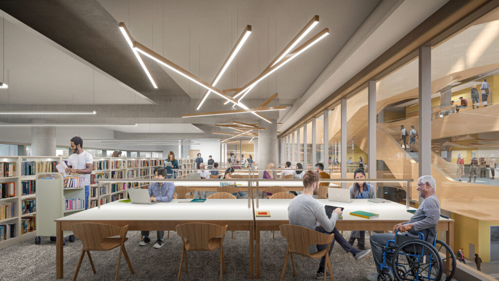 Rendu architectural montrant des groupes et des personnes assises à de grandes tables de travail dans une pièce très lumineuse. D'autres personnes parcourent les rayons d'une bibliothèque.