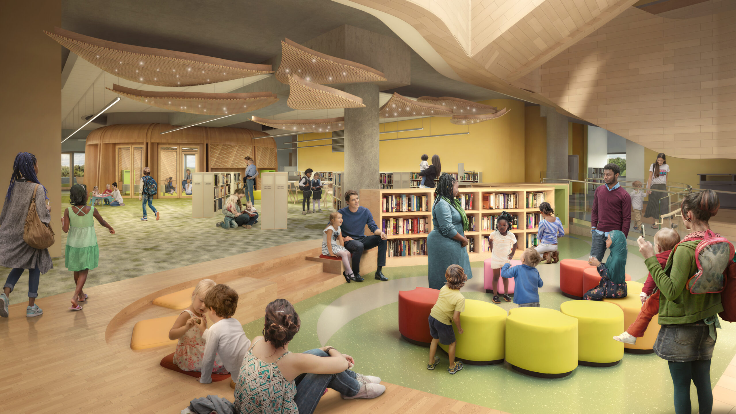 Rendu numérique du centre pour enfants représentant des enfants et des adultes assis sur des tabourets jaunes et rouges. Des bibliothèques sont visibles à l