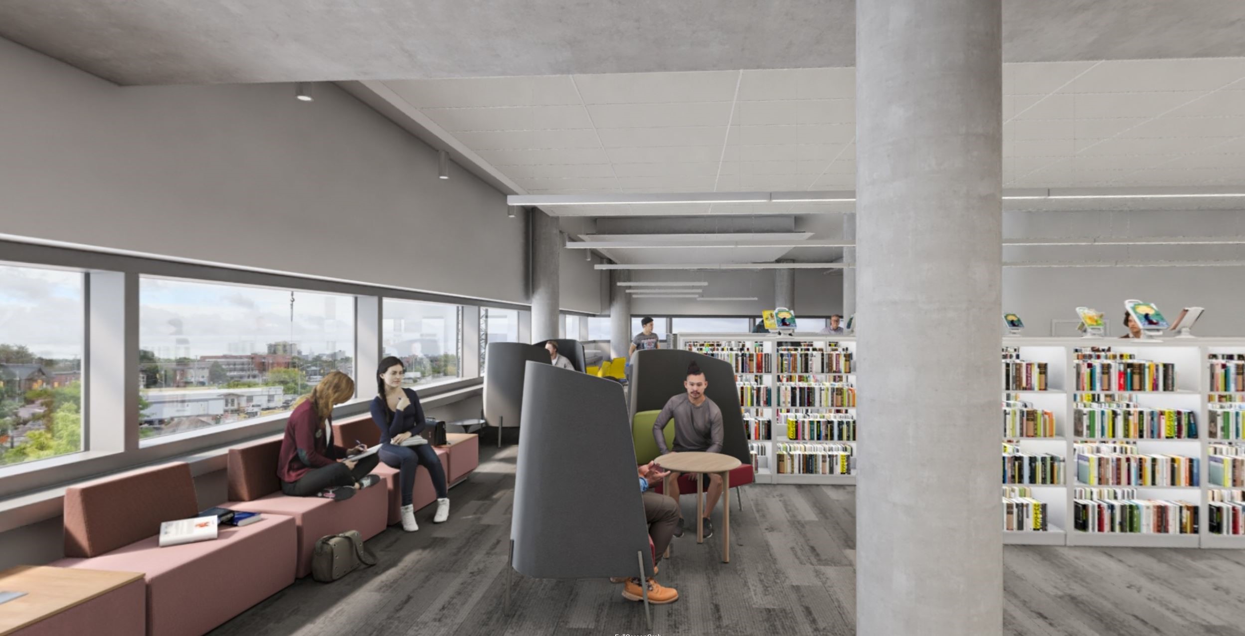 Rendu numérique de personnes assises sur des chaises et lisant des livres, avec plusieurs bibliothèques en arrière-plan.