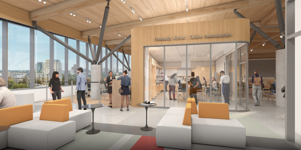 Des gens sont réunis à l'extérieur et à l'intérieur de la cuisine communautaire aux parois de verre.